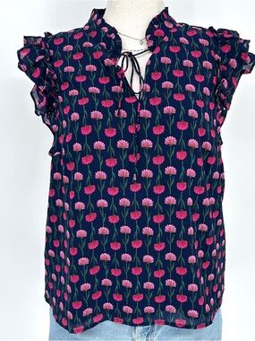 J.Crew Floral Ruffle Blouse Navy Pink Tie Neck Cottagecore Top NWT
